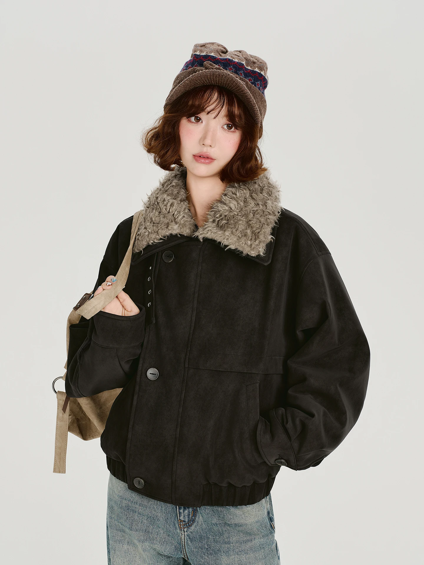 

Женская зимняя куртка из утолщенной кожи в американском ретро-стиле с воротником-стойкой, новая теплая свободная модель