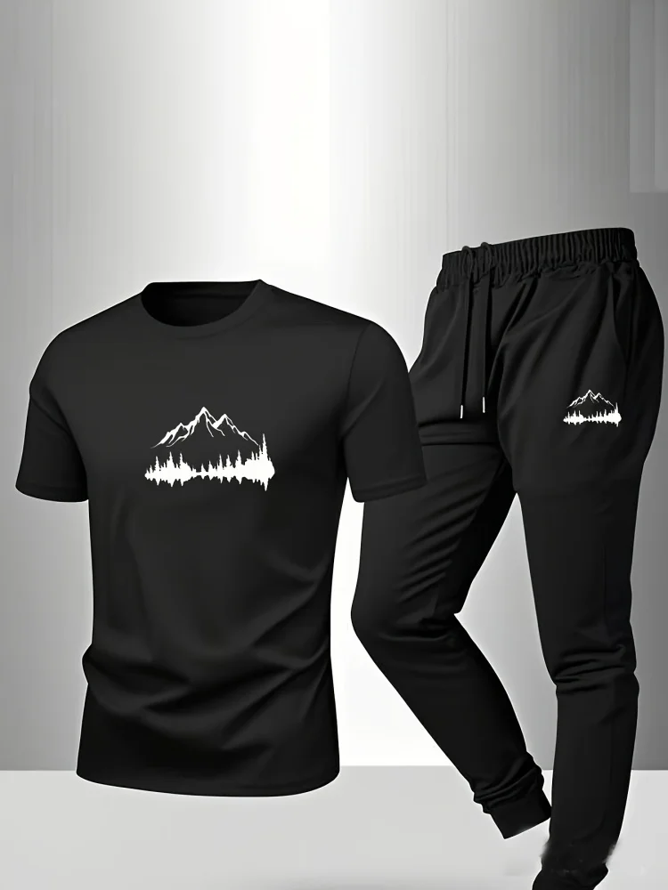 Men's Casual Fashion Set Unique 3D Patterns Trendy Street Style Round Neck Short Sleeve T-Shirt & Casual Trousers Two-Piece Set