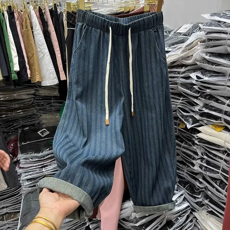 

Striped jeans 2024 summer new style personalized elastic waistband tie up slimming loose Harun pants for women