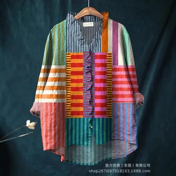 Femmes chemises décontracté surchemise géométrique hauts à manches longues Blouses chemise régulière haut bureau dame basique élégant 2025 printemps automne