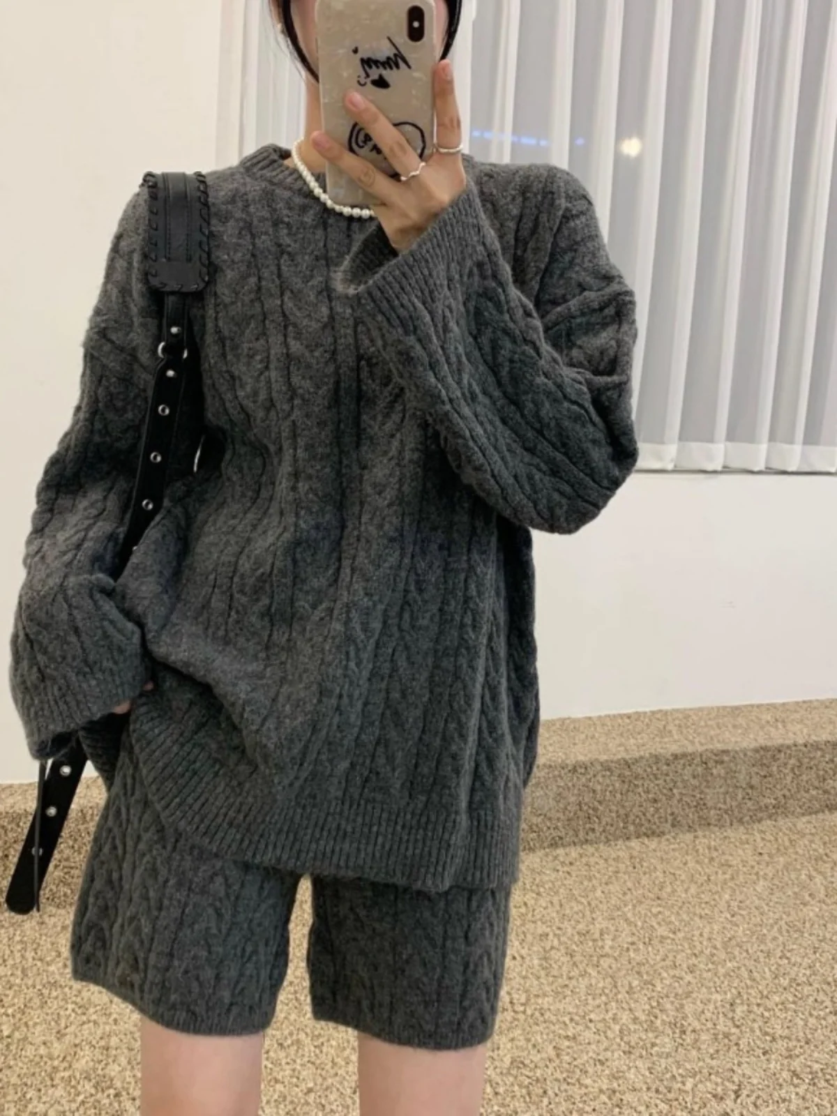 

Свободный женский вязаный свитер Lazy Sle, осень-зима, Новое поступление, комплект из двух предметов, прямые брюки «пять четвертей», удобная посадка