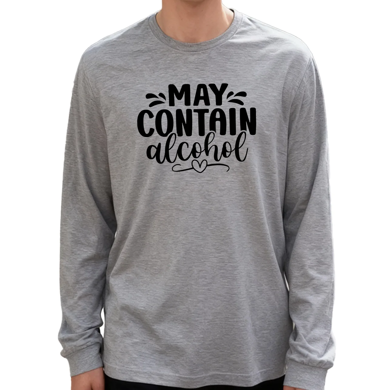 قد يحتوي على الكحول والقلب تي شيرت رجالي بأكمام طويلة 100% قطن 180 جرام رقبة دائرية نمط يومي غير رسمي ناعم وقابل للتنفس