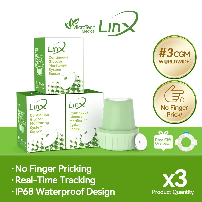 MicroTech LinX CGM 3 Sets, Sensor de Monitoreo Continuo de Glucosa en Tiempo Real 24h, Monitor de Glucosa en Sangre para Diabetes