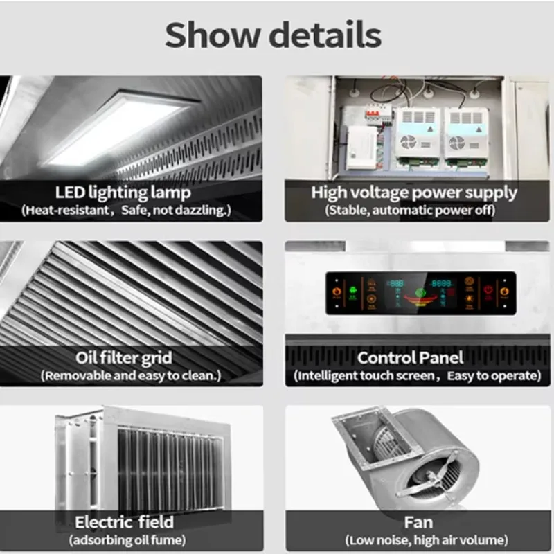 Hotel Kitchen Stainless Steel Kitchen Hood Filter Smart Range Hoods Extractor Hood with LED Display