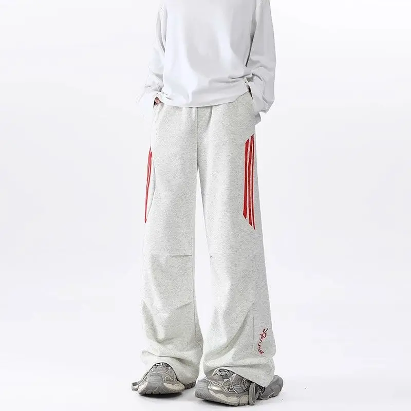 Korean Fashion Spring Autumn Preppy Pants Now Side Striped Casual Sweatpants Letter Printing Elastic Waist Wide Leg Trousers