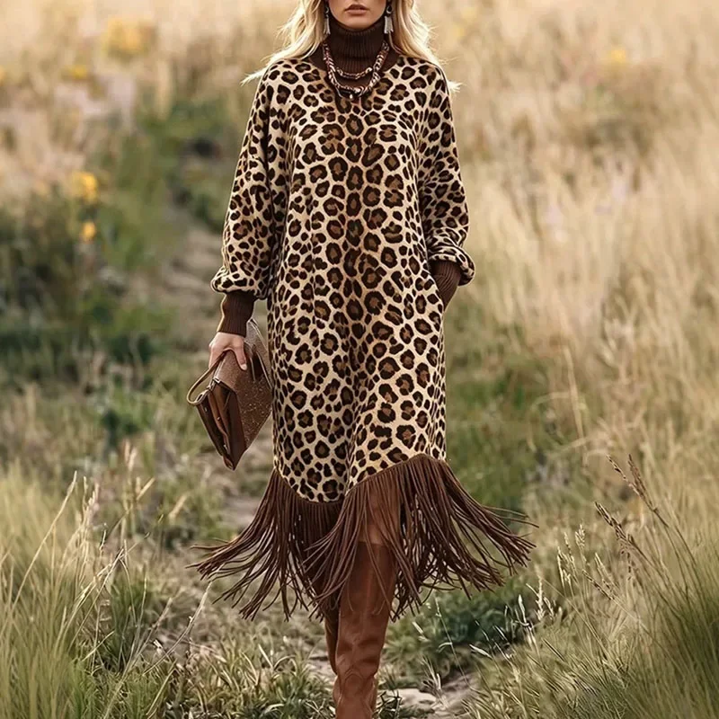 Women Leopard Print Midi Dress Long Lantern Sleeve High Neck Loose Fit Fringe Hem Retro Western Fall Winter Casual Party Dresses