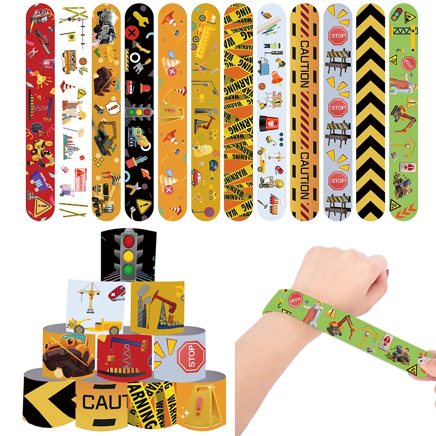 12Pcs Random Slap Bracelets Wristbands Party Favors Construction Work Theme For Birthday Party Supplies