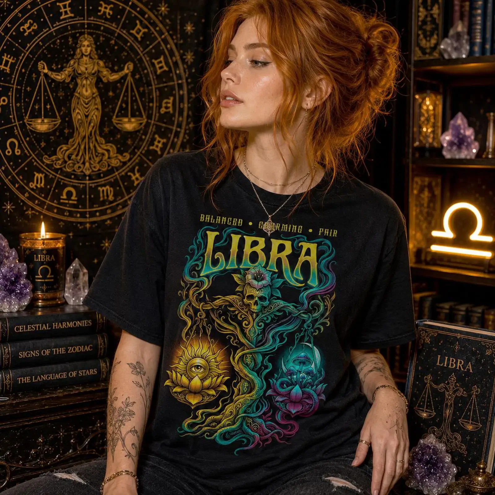 Libra Zodiac Skull T Shirt Gothic Celestial Astrology vintage Washed Slightly designer clothes Comfortable Soft Stylish graphic