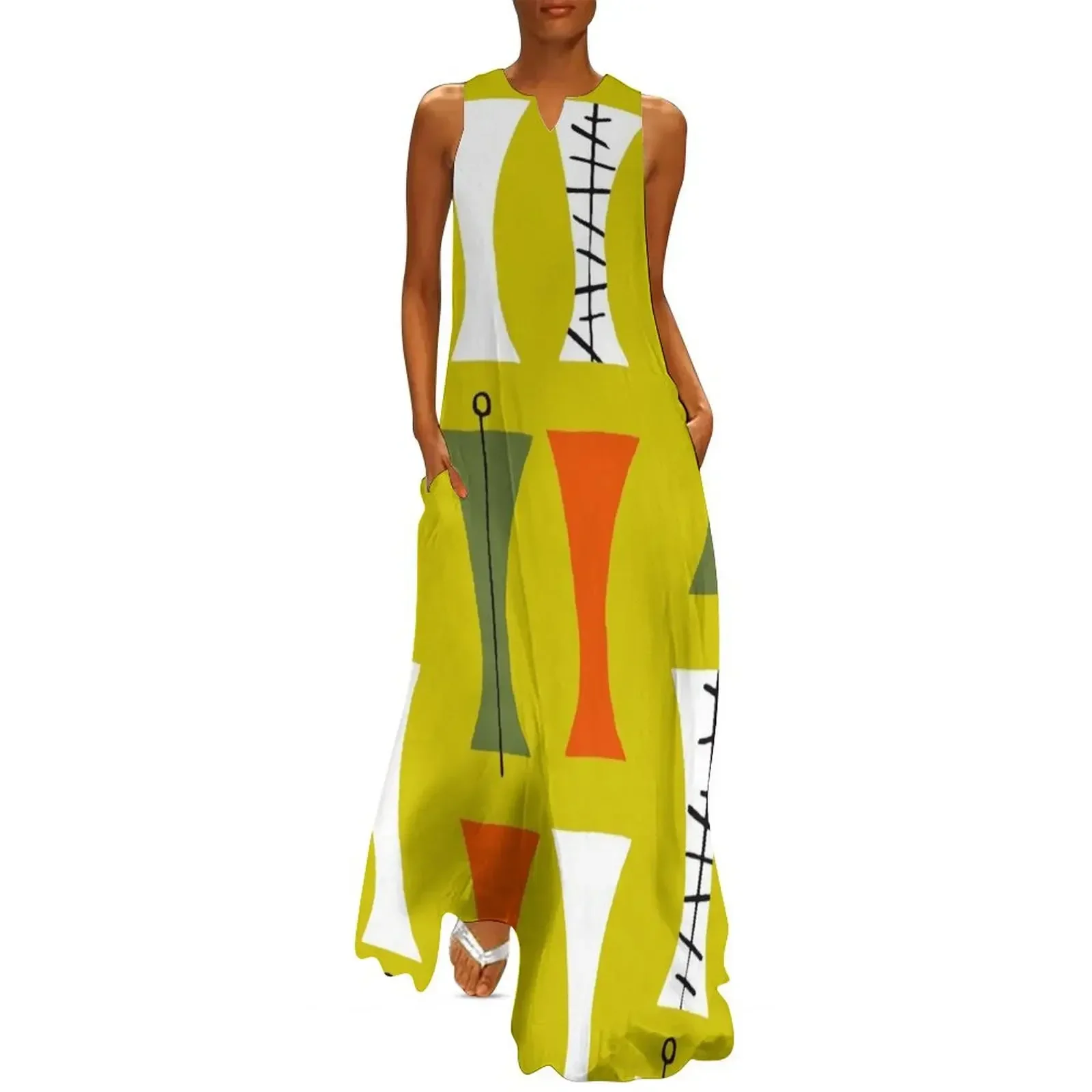 

Mid-Century Modern Olive, Tangerine And Mustard Colored Pattern Long Dress fairy dress Dress for pregnant women