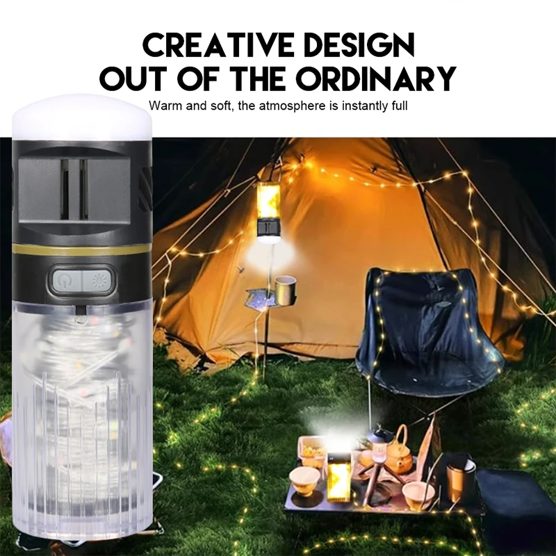 

New LED Camping Light String Type-C Rechargeable Outdoor Waterproof Color Camping Atmosphere Light 2000mAh Bright Tent Light