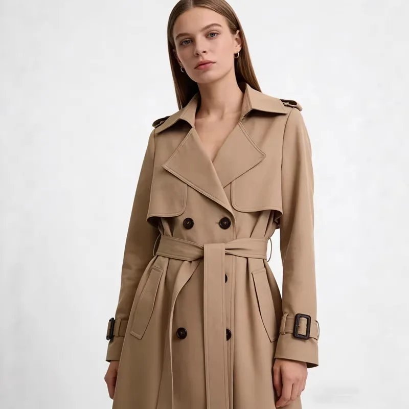 Women's Double Breasted Long Trench Coat Belted Notch Lapel Overcoat Autumn Winter Windproof Classic Outerwear