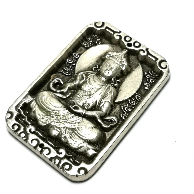 YIZHU CULTUER ART 2.7 Inch Collection Chinese Tibet Silver Carving Buddha Avalokitesvara Statue Amulet Necklace Ornament Gift