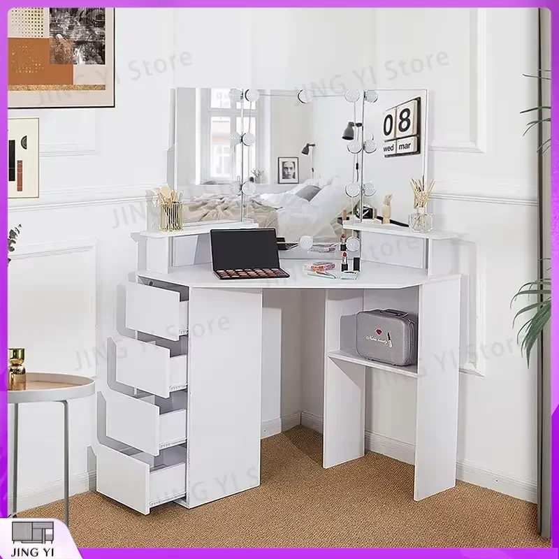 Modern Corner Vanity Dressing Table with LED Mirror and Adjustable Stool for Makeup Bedroom Home Office Cosmetic