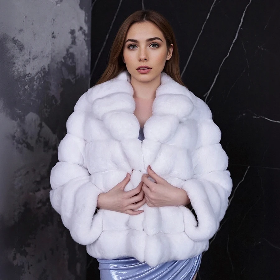 معطف فرو أرنب ريكس حقيقي أبيض مع ياقة قصيرة شينشيلا ملونة سترة فروي سترة نسائية عالية الجودة من الفرو الطبيعي