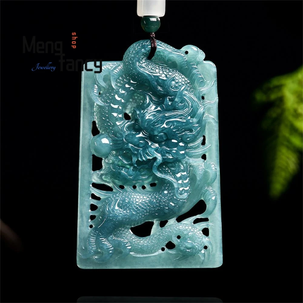 

Natural A-goods Jadeite Blue Water Hollowed Out Powerful Zodiac Dragon Ice-quality Jade Pendant Exquisite Luxury Fashion Jewelry