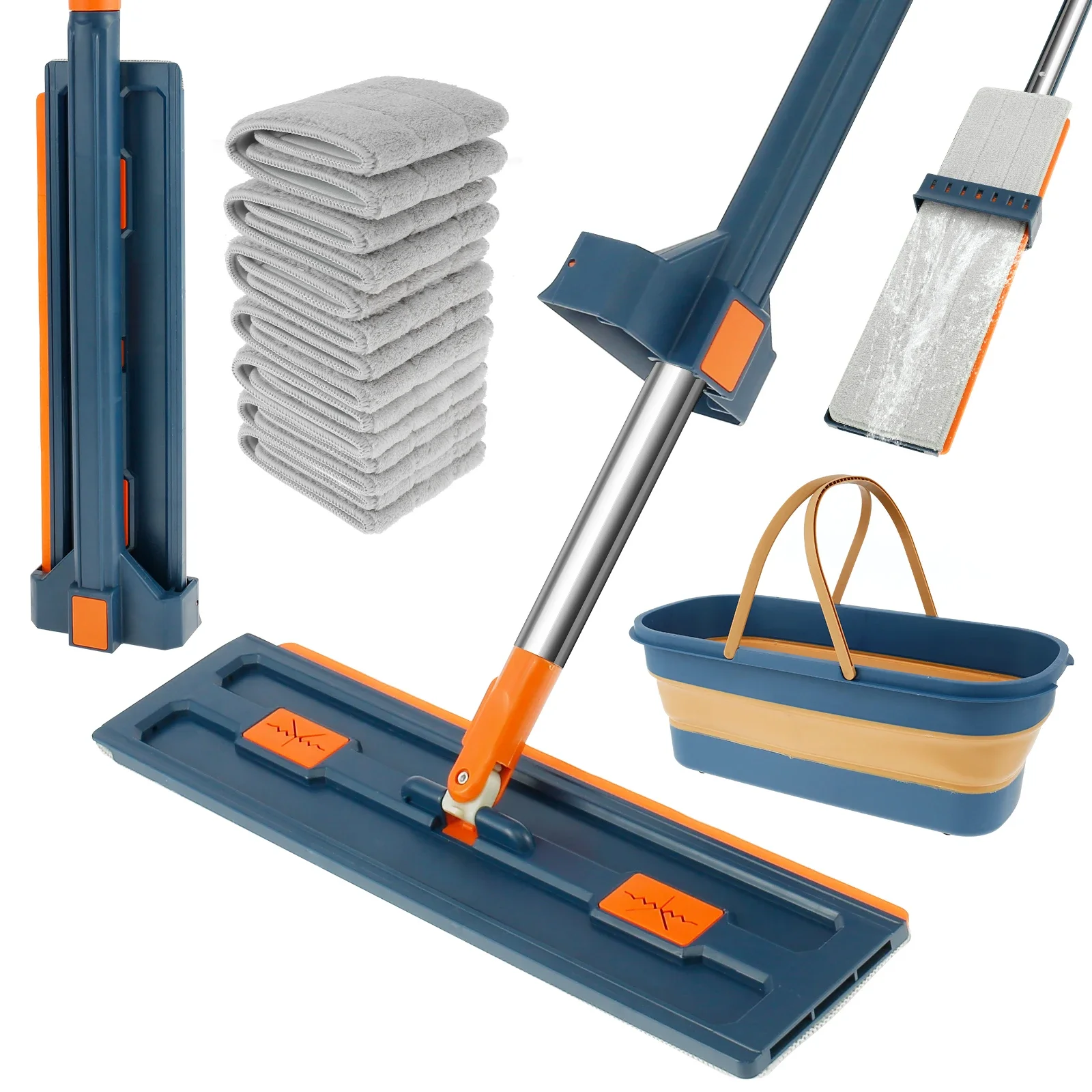 Hands-Free Flat Floor Mop and Foldable Bucket Set 360° Rotating Microfiber Mop with 7 Mop Pads Home Dry and Wet Cleaning Mop Kit