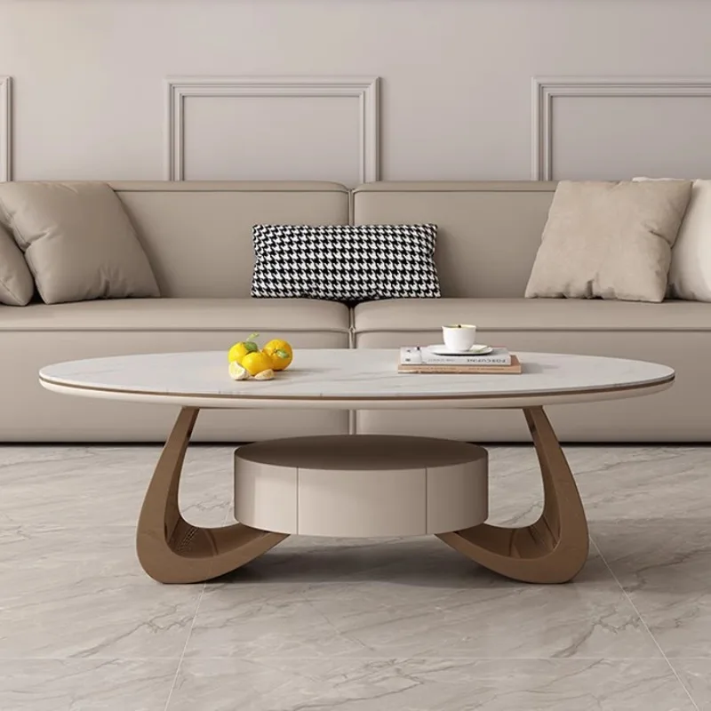 Light luxury living room with drawers coffee table household Italian small apartment simple oval rock slab tea table