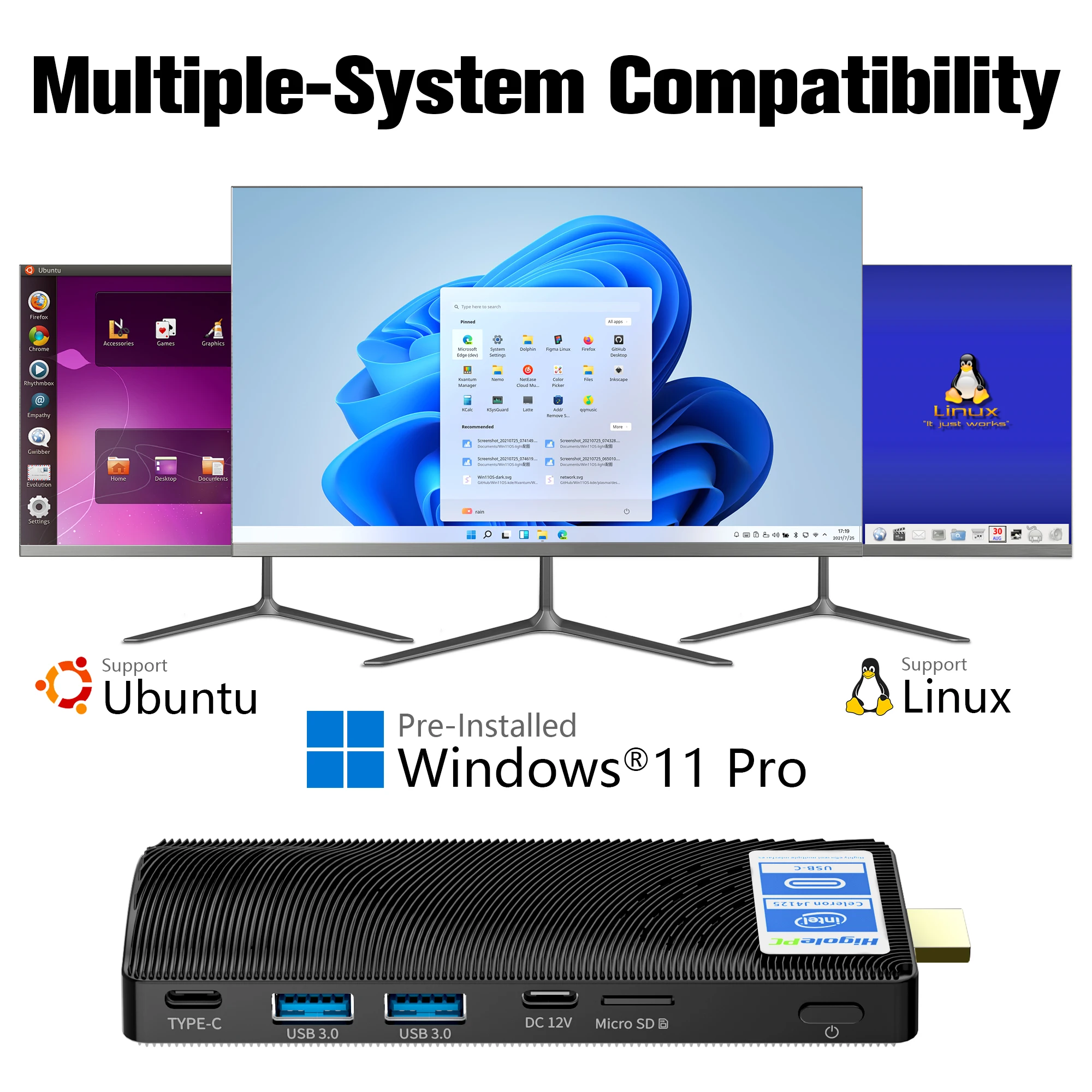 Higole lüfter loser mini pc stick intel j4125 mini pc windows 11 wifi5 4/8gb 128/256gb 4k desktops computer laptop hdmi2 pc stick
