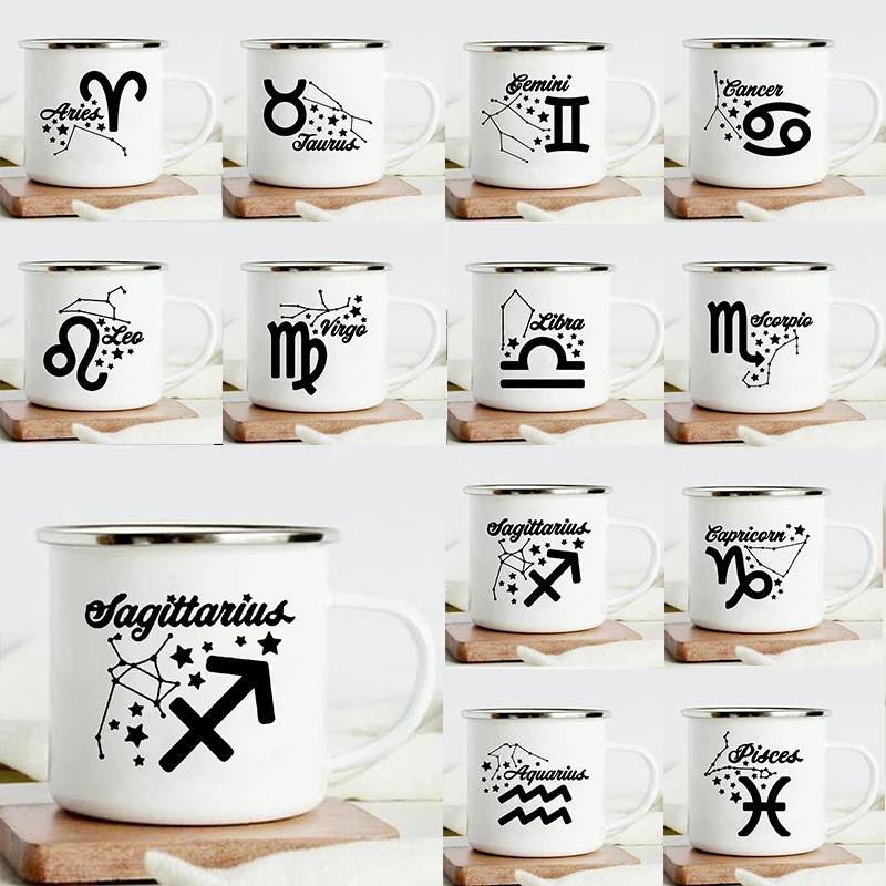 Twelve Constellations Print Enamel Mug Creative Coffee Tea Water Milk Cups Camping Vacation Mugs Handle Drinkware Birthday Gifts