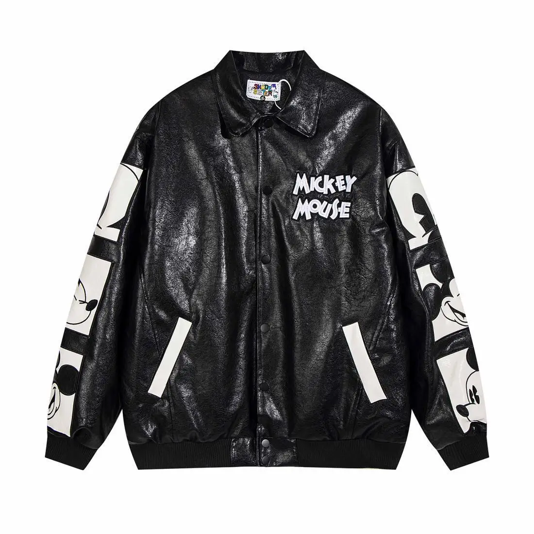 

Disney American Cartoon Mickey Embroidery Leather Jacket Men Women Autumn Winter Loose Casual Jacket Fashion Trend Couples Coat