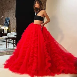 Red Ruffles Tutu Skirts Girls Birthday Party Ruffles Tulle Skirt Saias High Street Long Skirt Extra Puffy Sweep Train Women Wear