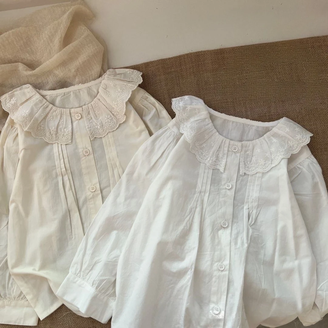 

White blouse for Girls clothes 2025 autumn Korean style lace collar doll shirt