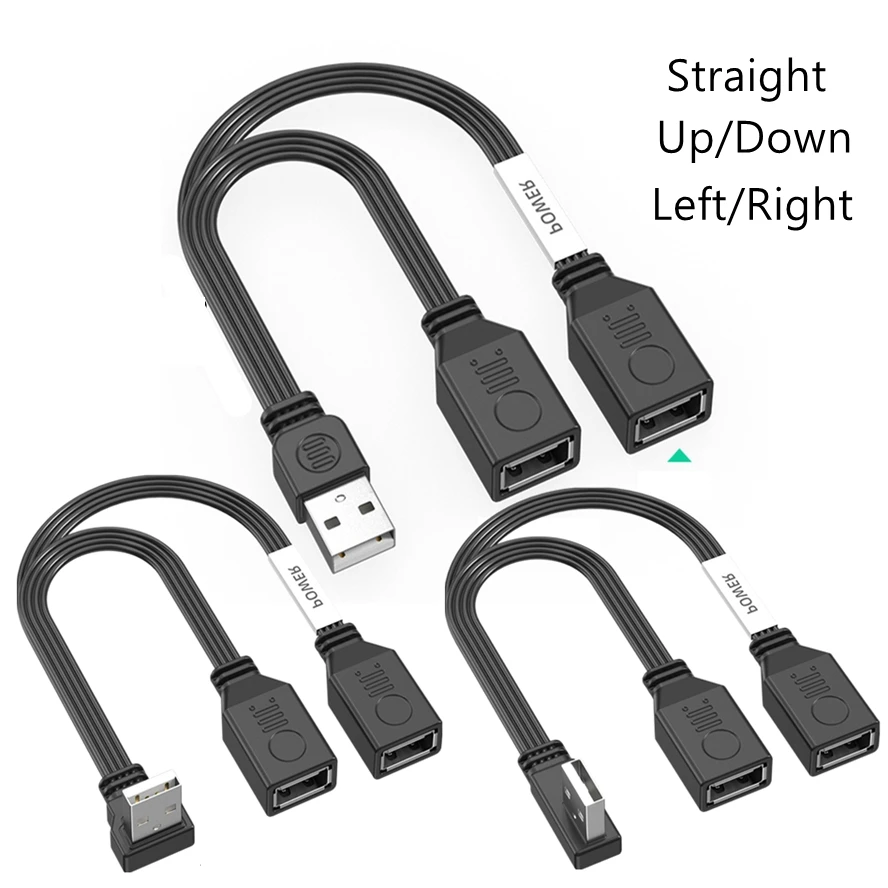 

USB 1 to 2 Elbow Computer Extension Cord 65W Fast Charging Flat Data Cable 10cm 30cm Mobile Phone Car Expander Carplay Splitter
