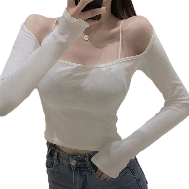 Autumn O Neck Long Sleeve T Shirt, Women Pure Color Sexy Off Shoulder Short Tops, Hot Girl Slim Party Club Crop Top