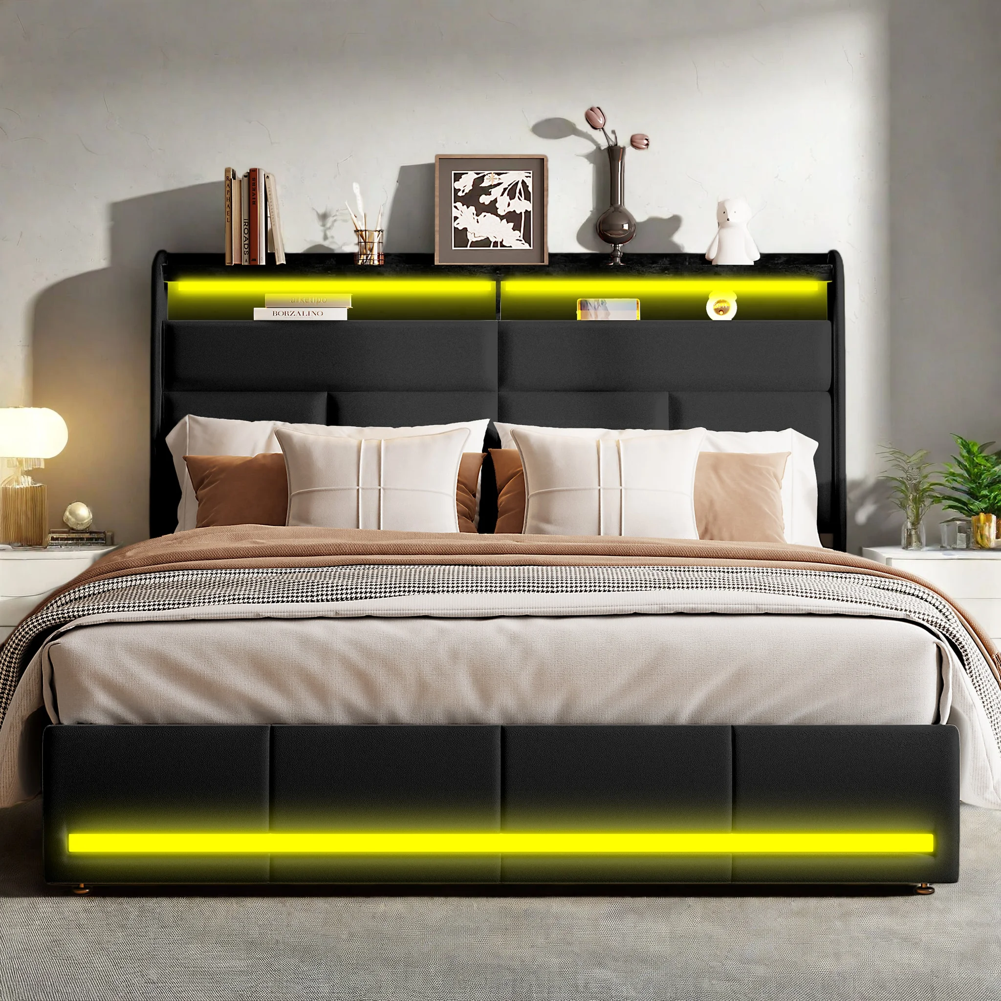 Cama Tapizada Comanlai, Cama Doble con LED, Cama con Almacenamiento Hidráulico, Estructura de Cama Juvenil Moderna con Cabecera y Somier de Láminas