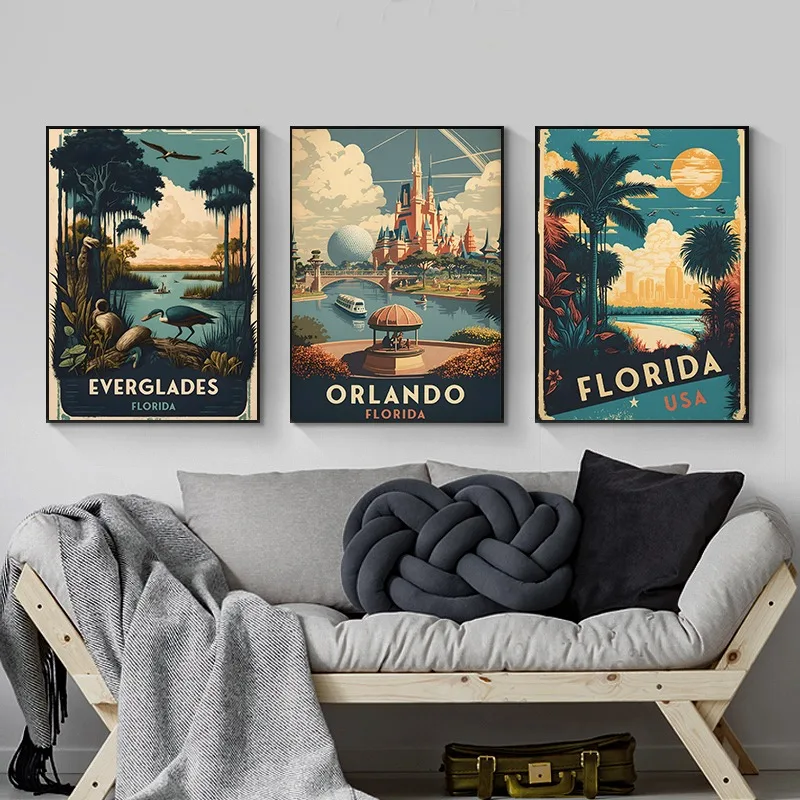 American Florida Scenery Everglades Orlando Kennedy Space Center Travel Poster Vintage Landscape Canvas Painting Home Decor Gift