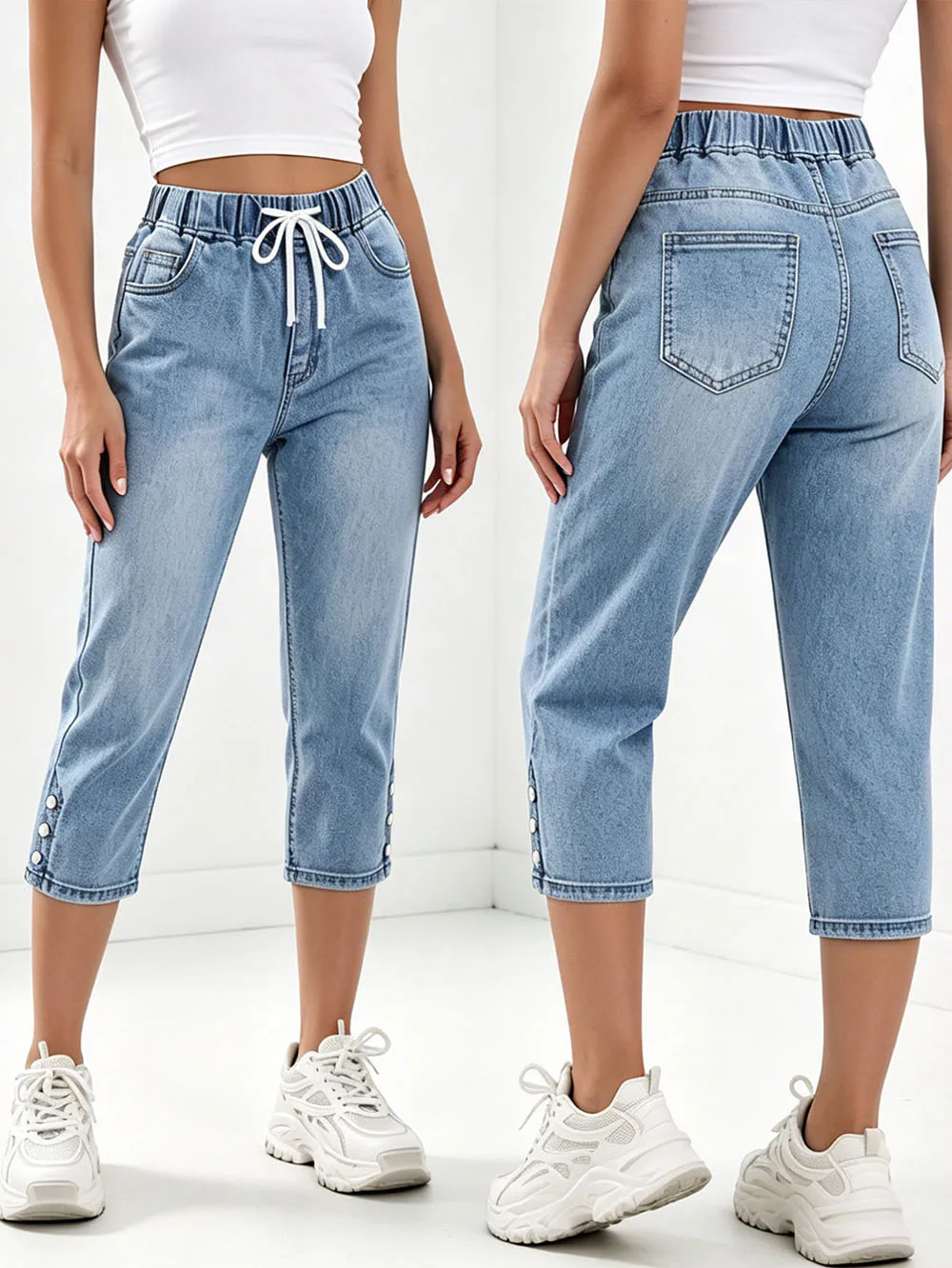 

Hot Selling New Light Blue Cropped Jeans Elastic Waist Casual Slim Fit Seven Points Pants Spring Summer Jeans For Women