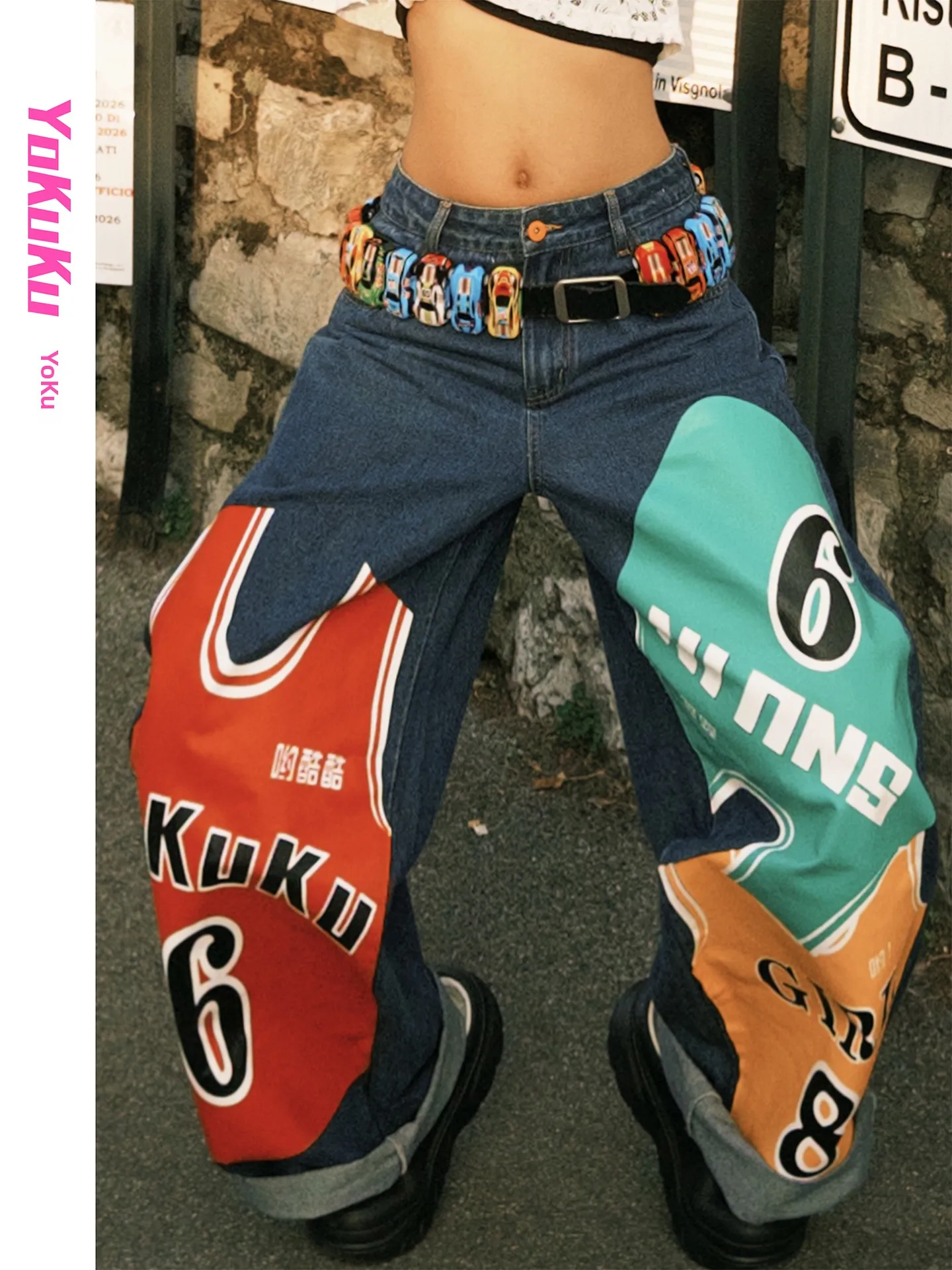 

Cool American Style Denim Jeans Women's Print Design Unique Blade Pants Loose Fit Natural Waist Cotton Spring Season