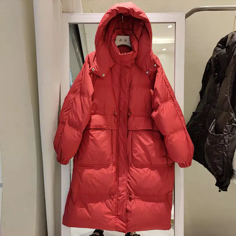 شتاء جديد أسفل سترة المرأة منتصف طول الإفراط في الركبة أسفل سترة كل مباراة فضفاضة سميكة مقنعين الخصر الأبيض بطة أسفل سترة