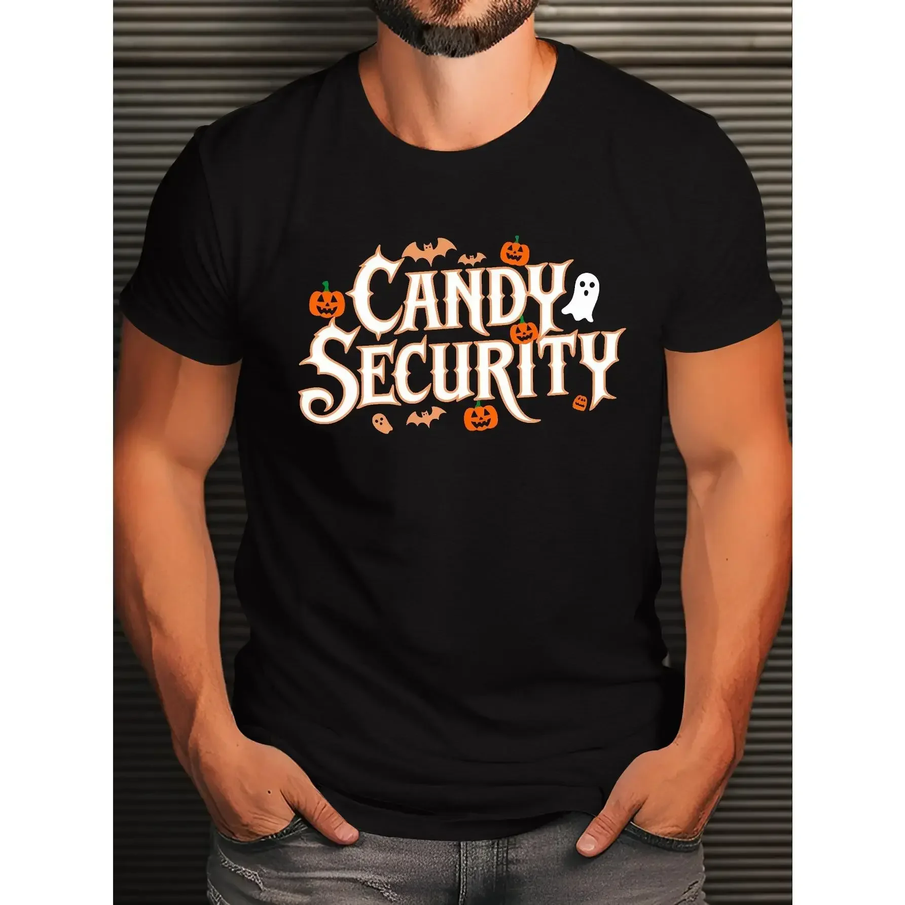 Candy Security Halloween Graphic T-Shirt, Pumpkin Bat Trick or Treat Tee for Men