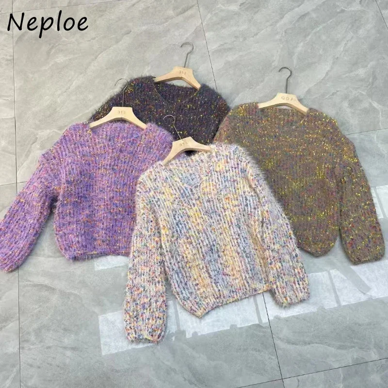 Neploe Autumn Winter Gentle Colour Dot Lazy Sweater Female V-neck Long Sleeve Tops Women 2024 New All-match Knitted Pullover