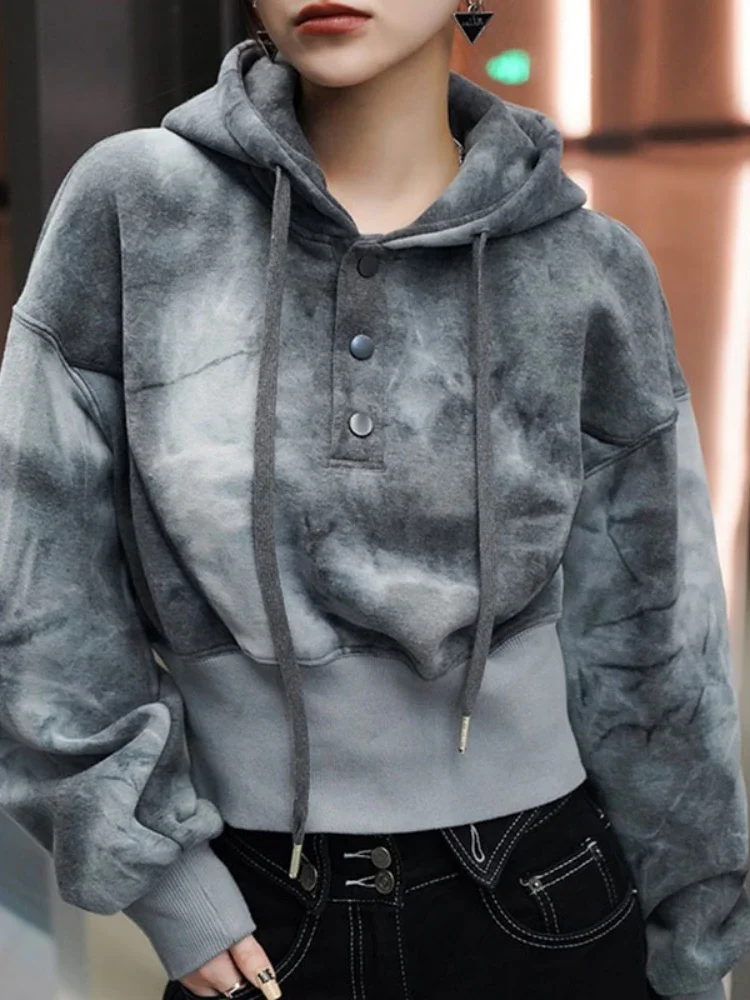 Female Top Cropped Cold Loose Baggy Thick Women\'s Hooded Sweatshirts Grey Autumn and Winter Warm Hoodies Novelty Xxl E Aesthetic