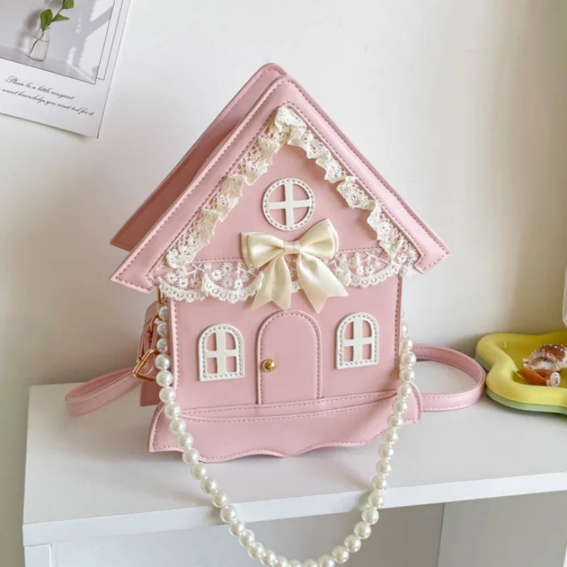 

Cute Church House Shaped Zipper Shoulder Bag Lolita Style Women Pearl Chain Handbag Sweet Girl Unique Appearance Crossbody Bag