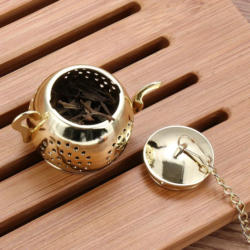 1 buah saringan teh bentuk teko baja tahan karat Infuser teh longgar dengan rantai saringan rempah-rempah Herbal Diffuser peralatan dapur perlengkapan minum teh
