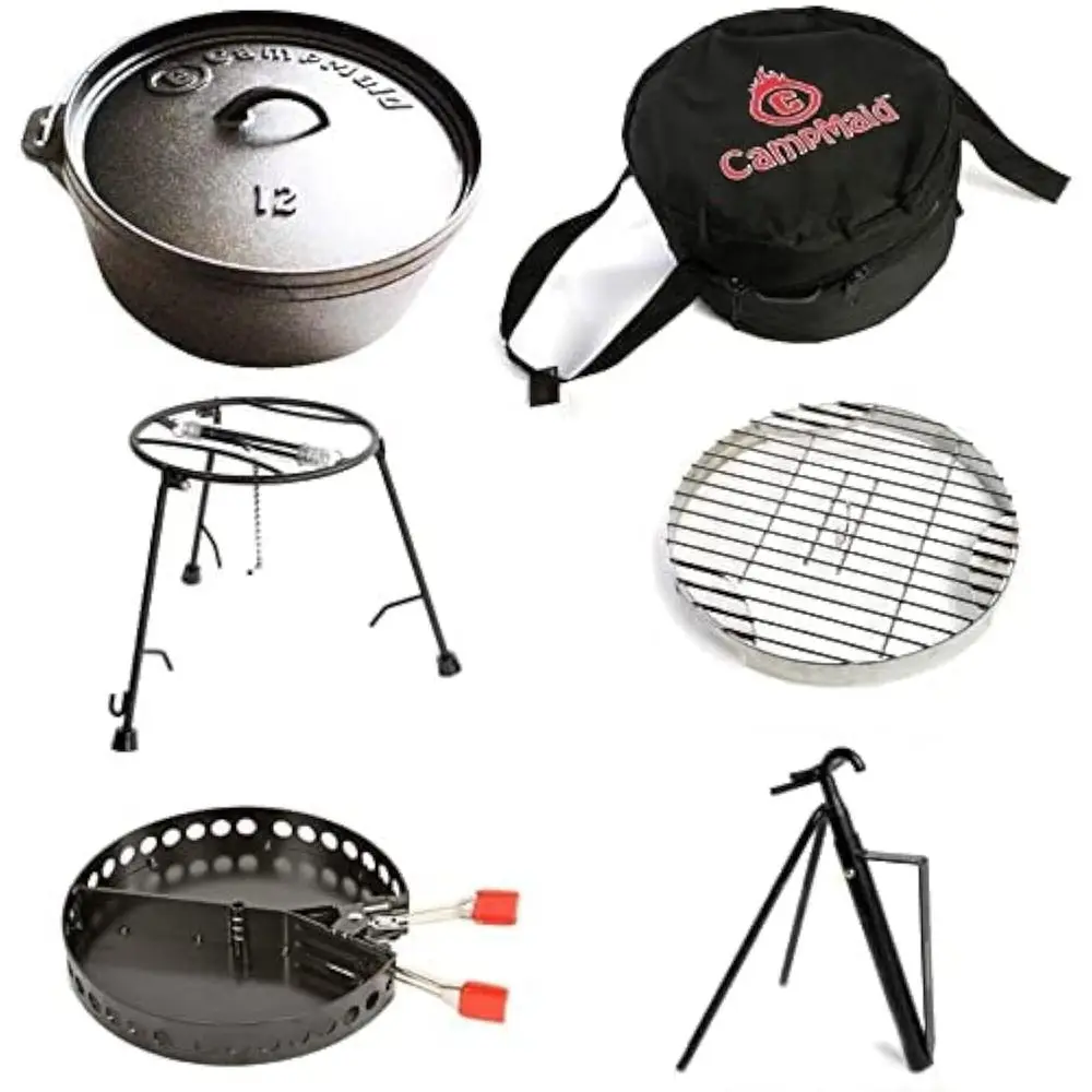 

6-Piece Outdoor Cooking Kit: Dutch Oven, Cast Iron Grill, Charcoal Holder & Accessories for Camping