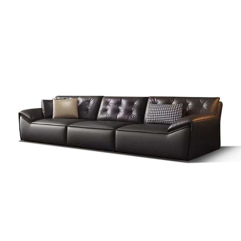 

Italian minimalist straight row leather sofa living room first layer cowhide simple modern black retro