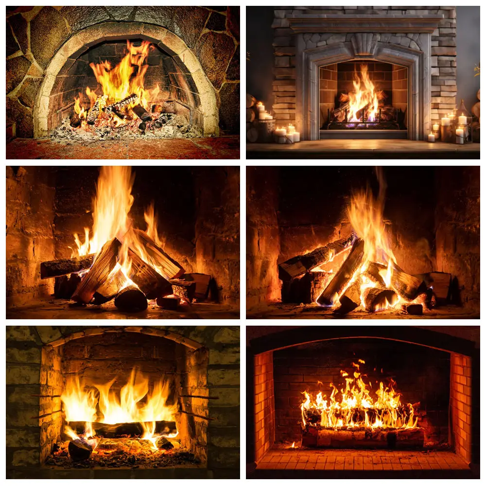 Red Brick Wall Fireplace Photography Backdrop Vintage Arch Brick Burning Flame Fire Indoor Decor Kids Portrait Photo Background