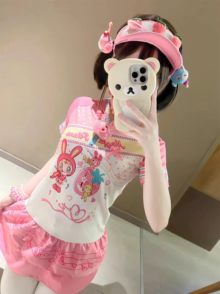 Vestido Fofo e Doce de Manga Curta Mezzopiano, Réplica de Verão, Novo Vestido de Algodão com Estampa de Desenho Animado e Cap...
