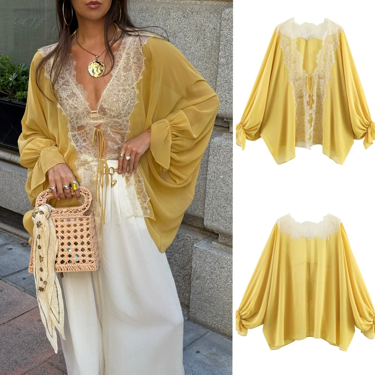 

PRINTKAOIR Summer Women's Lace Spliced V Neck Long Sleeve Blouse French Lazy Style Casual Shawl Shirt Chic Ladies Tops Mujer