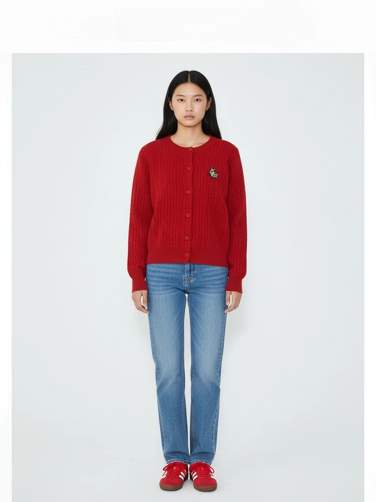 

2025 New Year's Knitted Red Sweater Women's Cisas Spring Faion Cardigan Embroidered Logo Long Sve round Ne Wool Blend