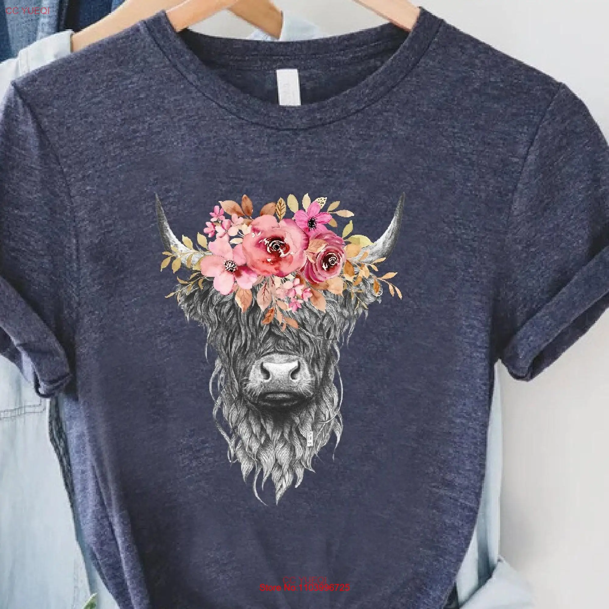 Floral Highland Cow T Shirt Western Funny Rodeo s With Flowers Country Girl Head long or short sleeves