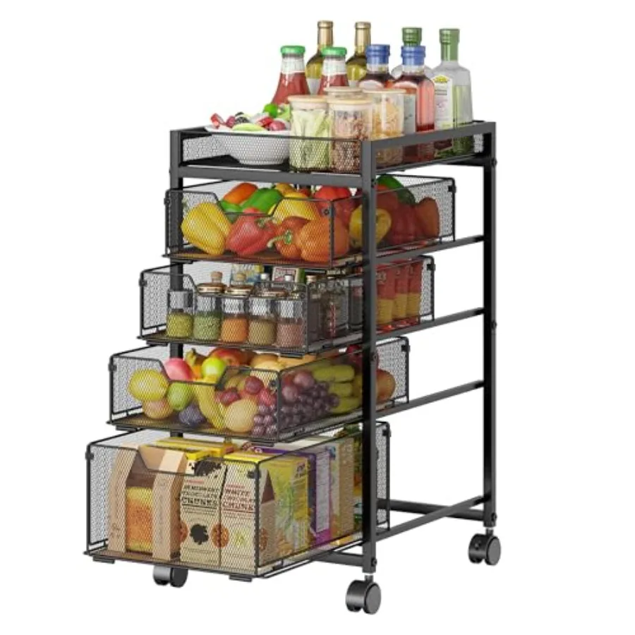 

5-Tier Kitchen Storage Cart with Top Basket and Drawers Fruit and Vegetable Storage Rack on Lockable Wheels Metal Kitchen Organ