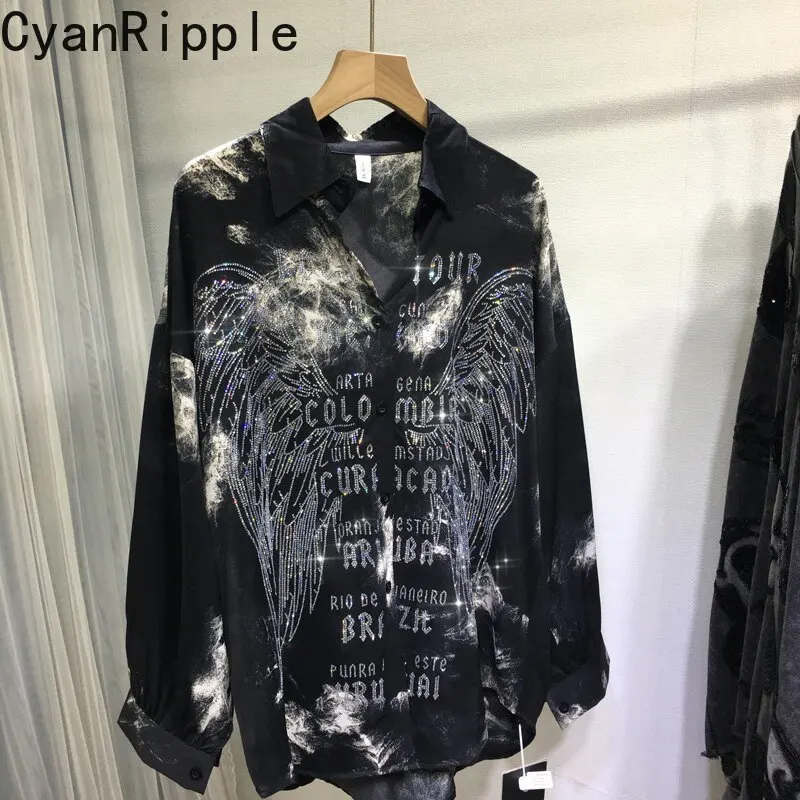Fashionable New Spring Autumn Loose Women Cardigans Top All-match Luxury Wings Hot Diamonds Long Sleeve Vintage Female Shirts