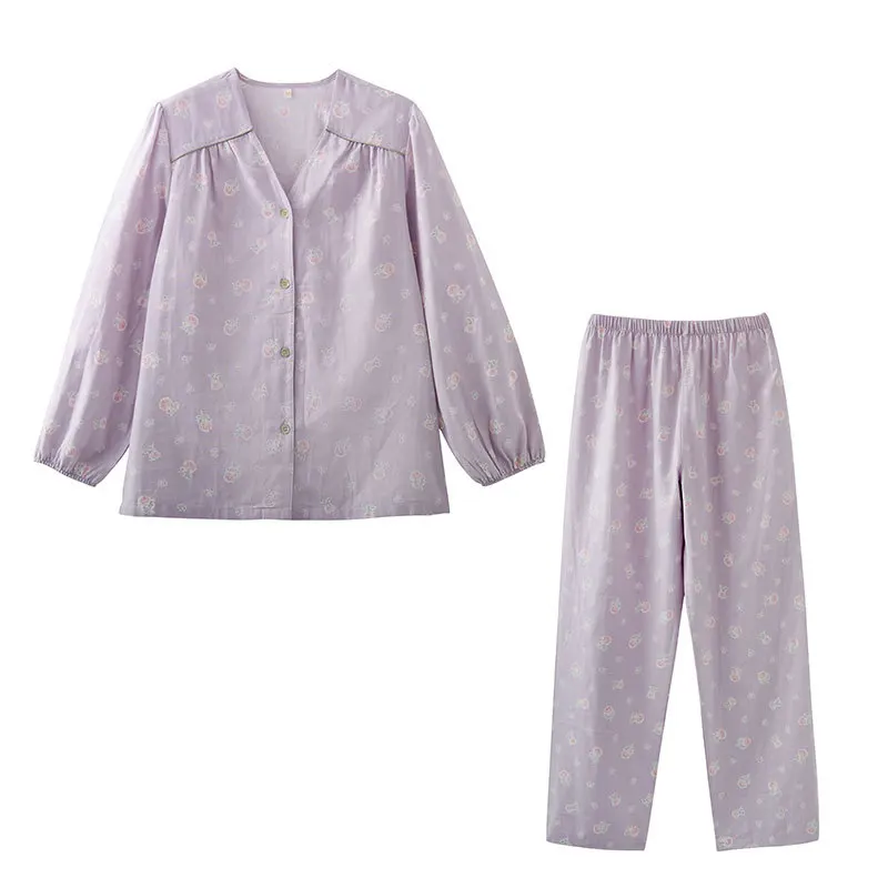 طقم بيجامة رومانسية من القطن الناعم للنساء من Ditsy بطبعة زهور ورقبة على شكل V وأكمام طويلة ملابس مريحة كلاسيكية خفيفة الوزن