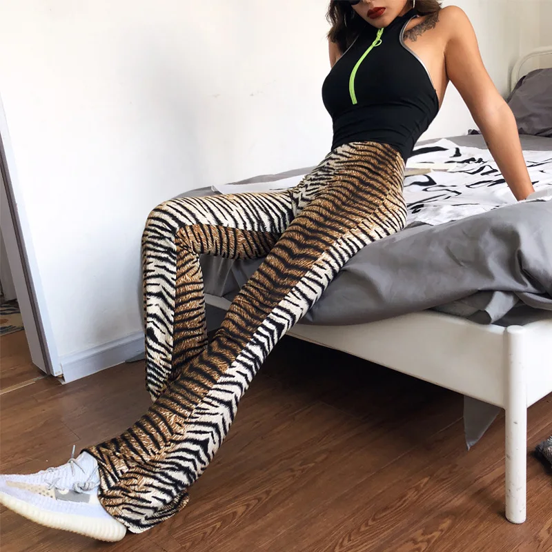 Women Pants Slim Tiger Stripe New Elastic Waist Bell-bottoms Pants Women Pantalones De Mujer Pants for Women Trousers Q2594