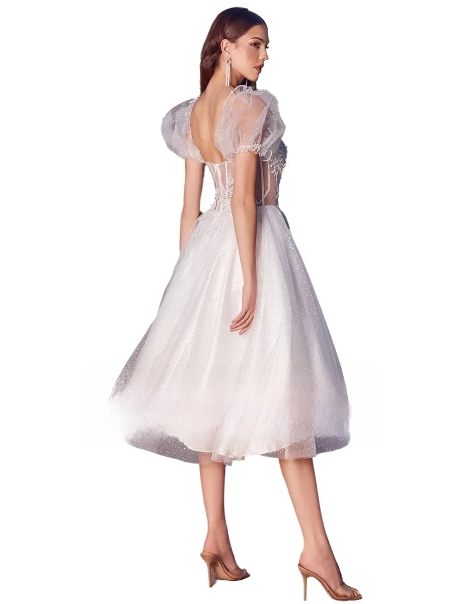 New Short Sequins Wedding Dress Sweethart Short Sleeves Lace Appliques Beach Bridal Bride Party Gown Vestido de Novia